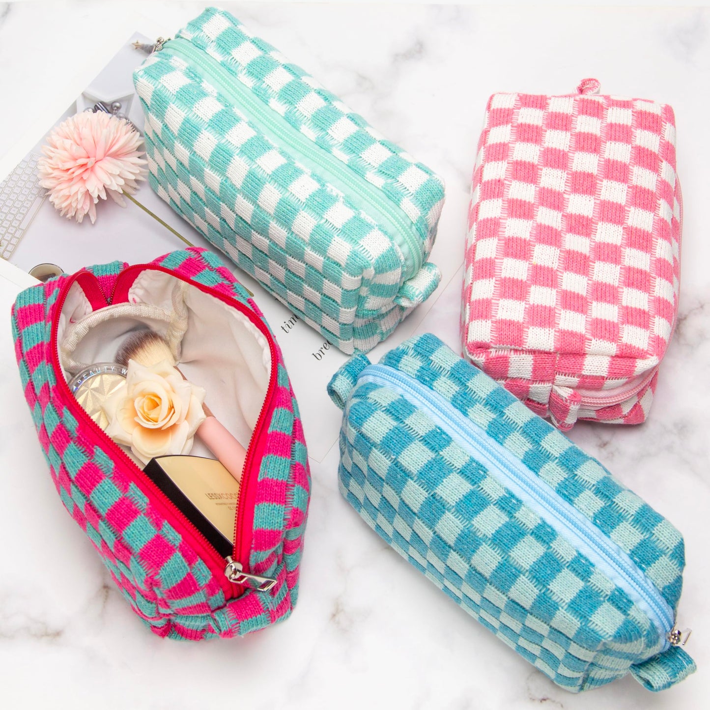 PAZIMIIK Checkered Makeup Bag for Purse Portable Zipper Make Up Pouch Small Cosmetic Case for Travel Accessories (6PCS Arctic Blue)