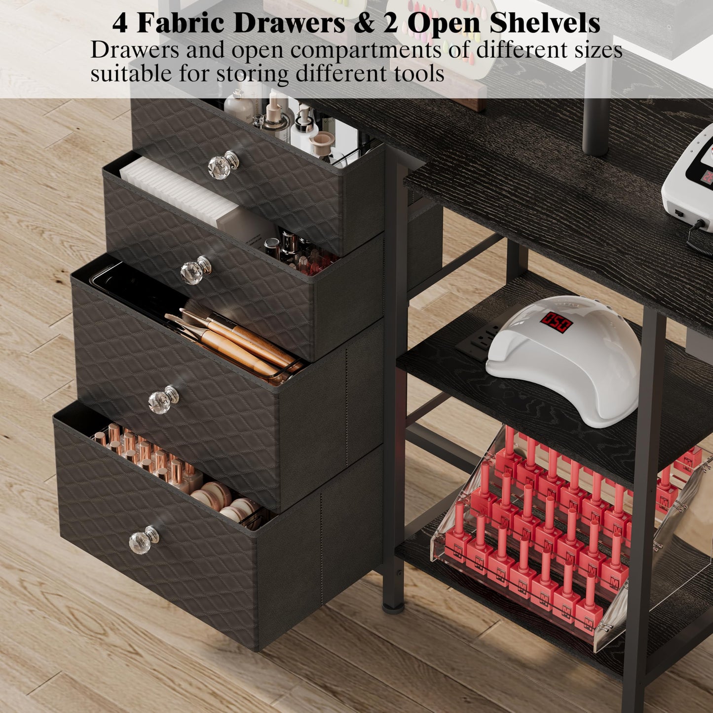NinPeen L-Shaped Manicure Table with Drawers and Storage Shelves,Rotating Nail Workstation on Wheels with Charging Station,Nail Tablefor Nail Tech,Home,Makeup Beauty Salon (Black)