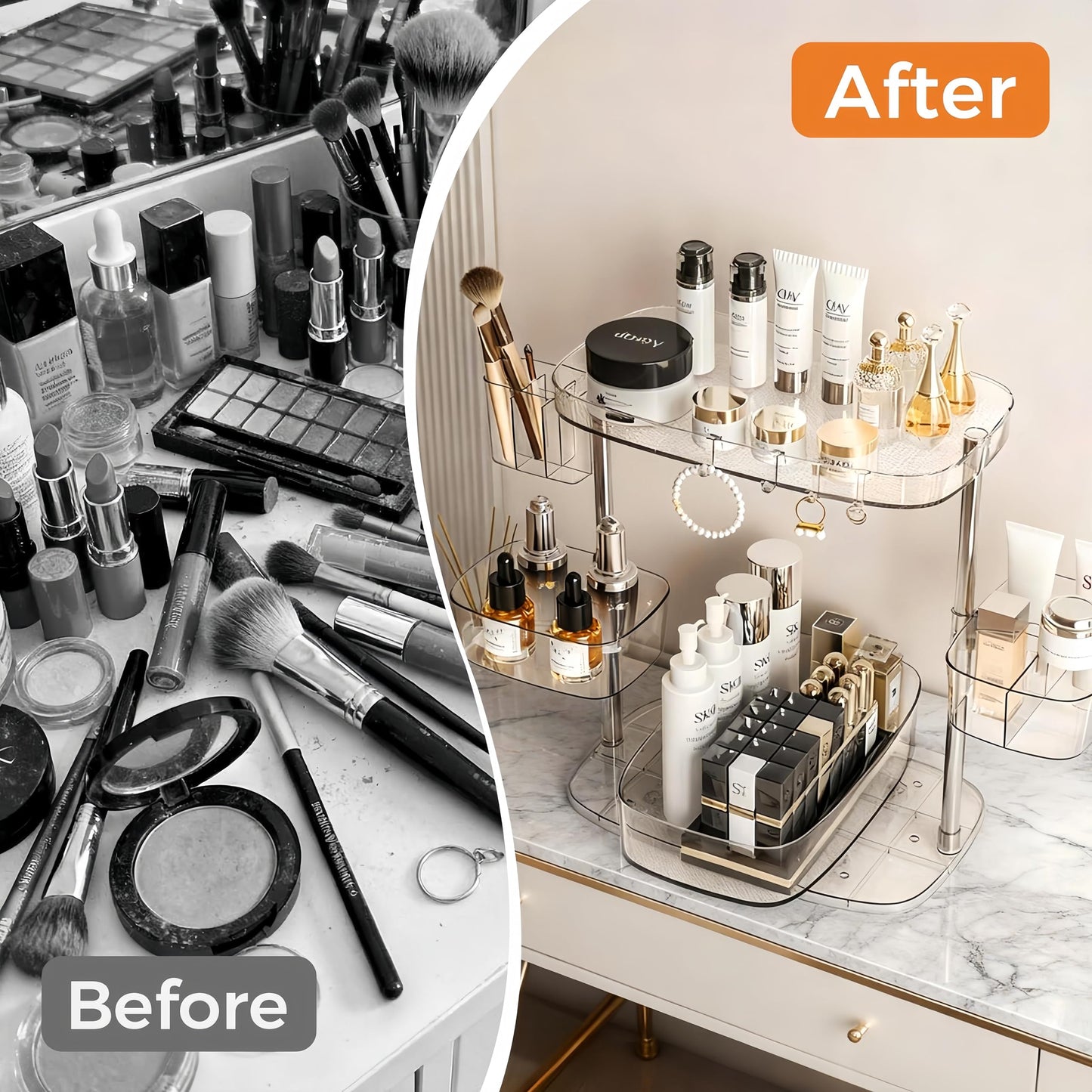 YOSHIONAL 360°Rotating Makeup Organizer,Makeup Organizer Countertop with Brush Holder and Perfume Stand,Bathroom Counter Organizer,Skincare Holder Stand for Vanity,Detachable Hanging Hooks