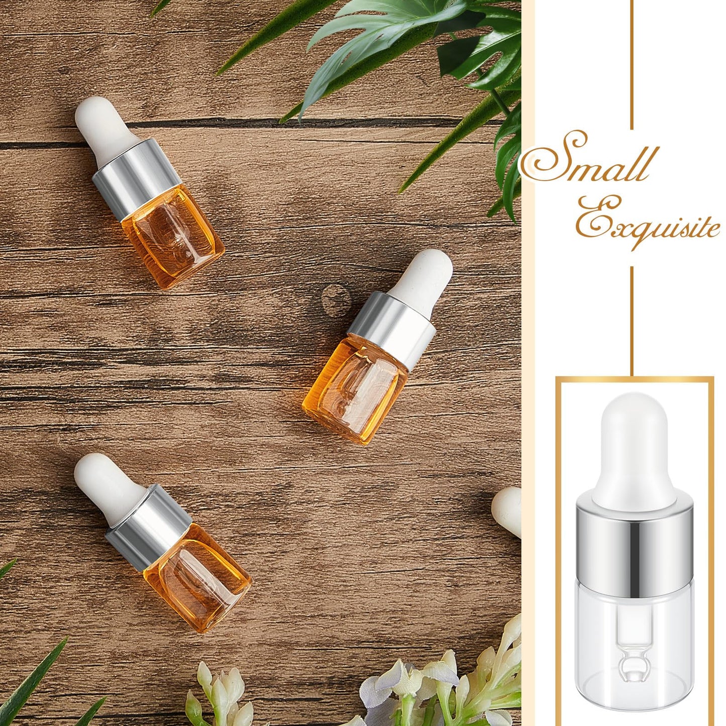 Didaey 100 Pcs 2 ml Mini Glass Oil Dropper Bottle Bulk, Clear Essential Small Empty Bottles Sample Containers Perfume Liquid Vials with Cap for Traveling (Classic Silver)