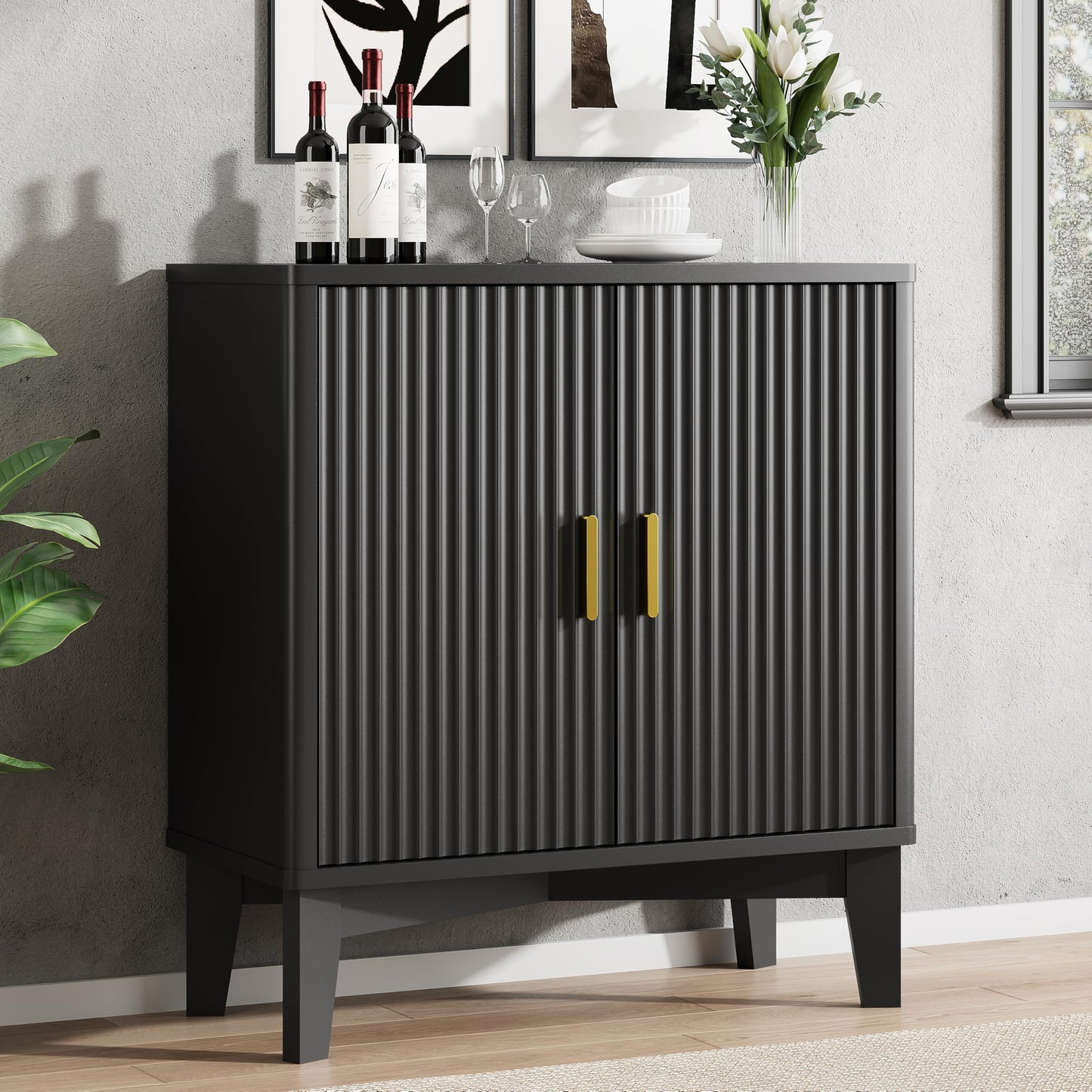 Xixini Fluted Buffet Sideboard Cabinet with Storage, 30" Mid Century Modern Coffee Wine Bar with Adjustable Shelves, Wood Small Buffet Table with 2 Doors for Kitchen, Dining Room, Living Room, Black
