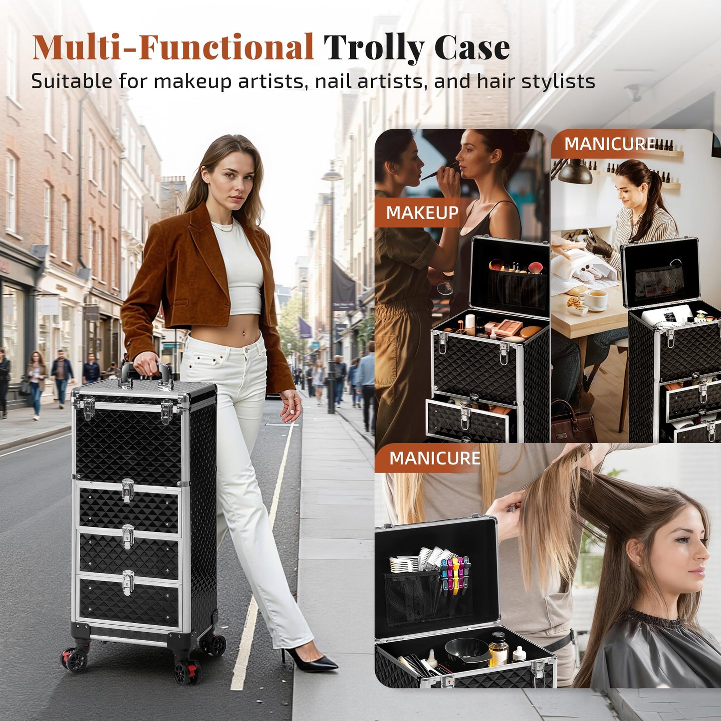 JINGUAN Rolling Makeup Train Case with 3 Drawers, Nail Trolley Cart Salon Station Cosmetology Case on Wheels Organizer Cases for Nail Tech,SPA,Face Painting,Hairstylist,Makeup Artist (Silver & Black)