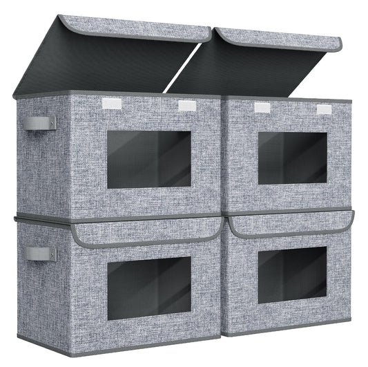 Univivi Fabric Foldable Storage Boxes [4-Pack] Large Collapsible Stackable Storage Bins with Lids, Closet Organizers and Storage Cube Basket for Home, Office, Bedroom (Grey, 17'' x 12'' x 12")