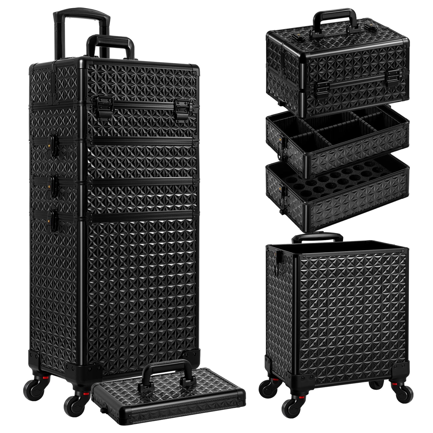 AROUS 5 in 1 Rolling Makeup Train Case Cosmetology Case on Wheels Large Cosmetic Organizer Travel Cart for Hairstylist Artist Nail Beauty Salon Barber, Black