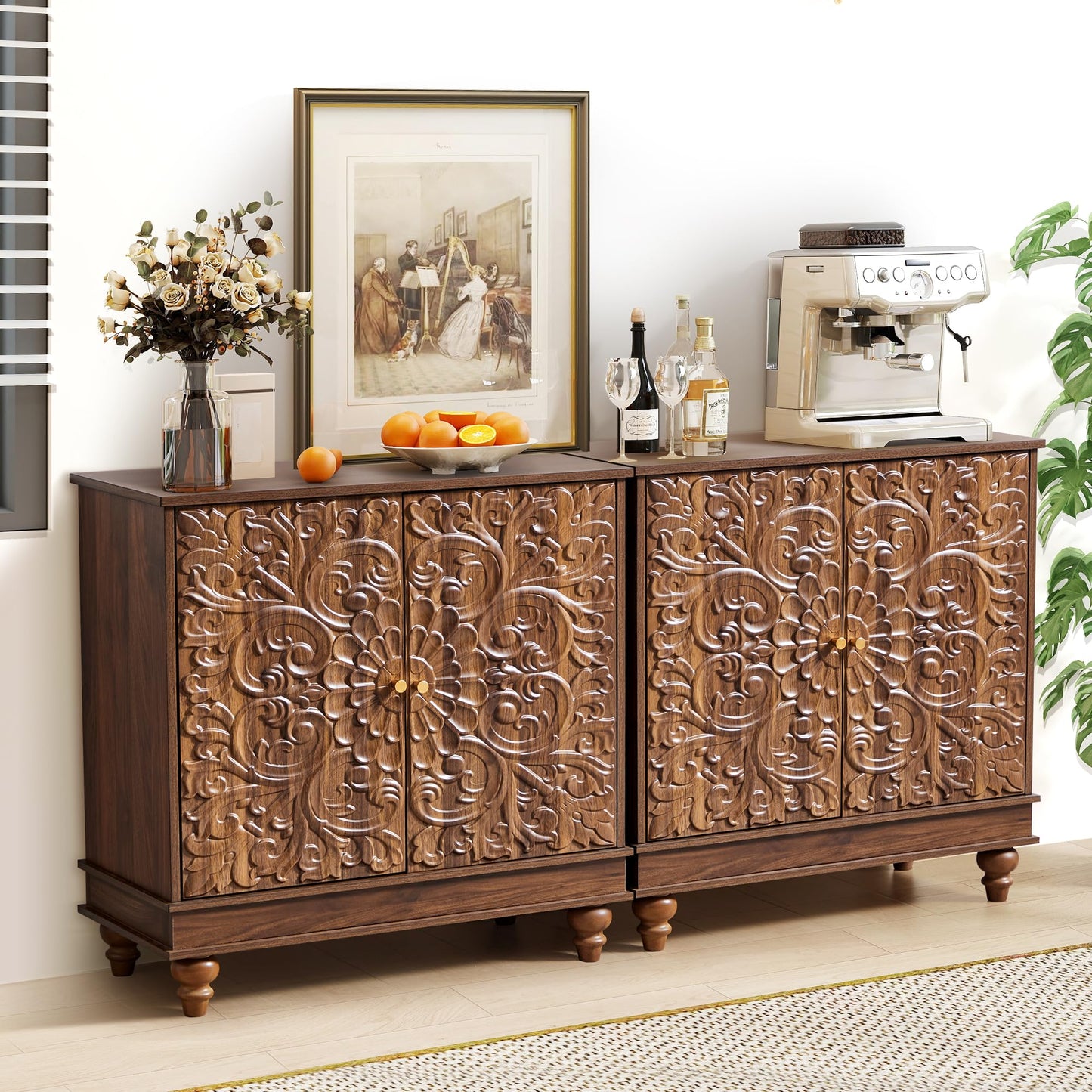 weselon Accent Cabinet Set of 2, Farmhouse Carved Storage Sideboard Buffet Cabinet with Adjustable Shelves, Entryway Storage Cabinet with 2 Doors (Walnut)