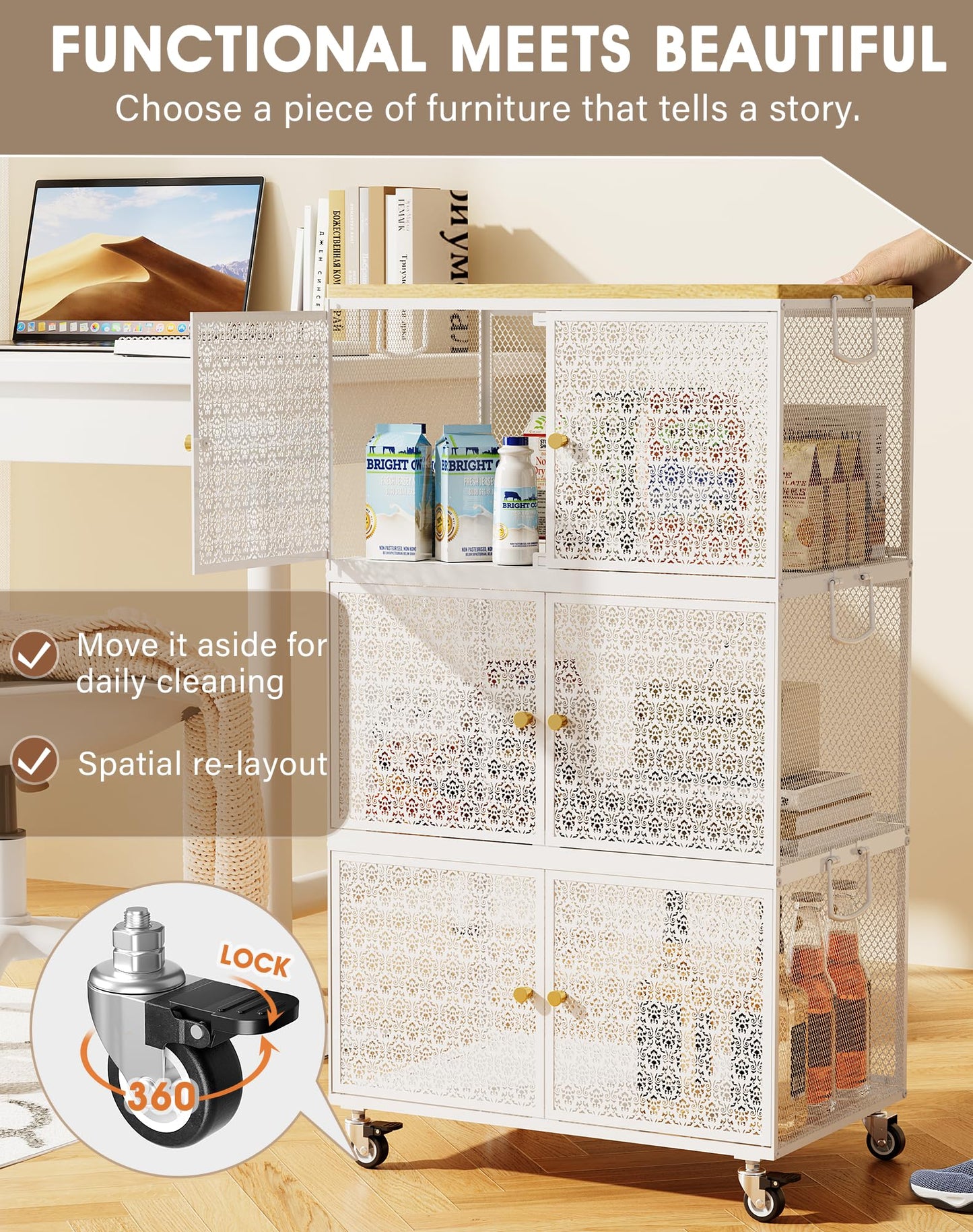 3 Tier Metal Storage bins with wheels, Storage Bins with Magnetic Doors, Storage Cart for Living Room