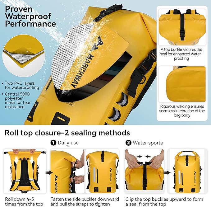 MARCHWAY Roll Top Waterproof Backpack, Floating Dry Bag 20L/30L/45L with Ergonomic Rectangular Base, Cushioned Back, Hip Strap for Hiking Camping Kayaking Travel (Yellow, 20L)