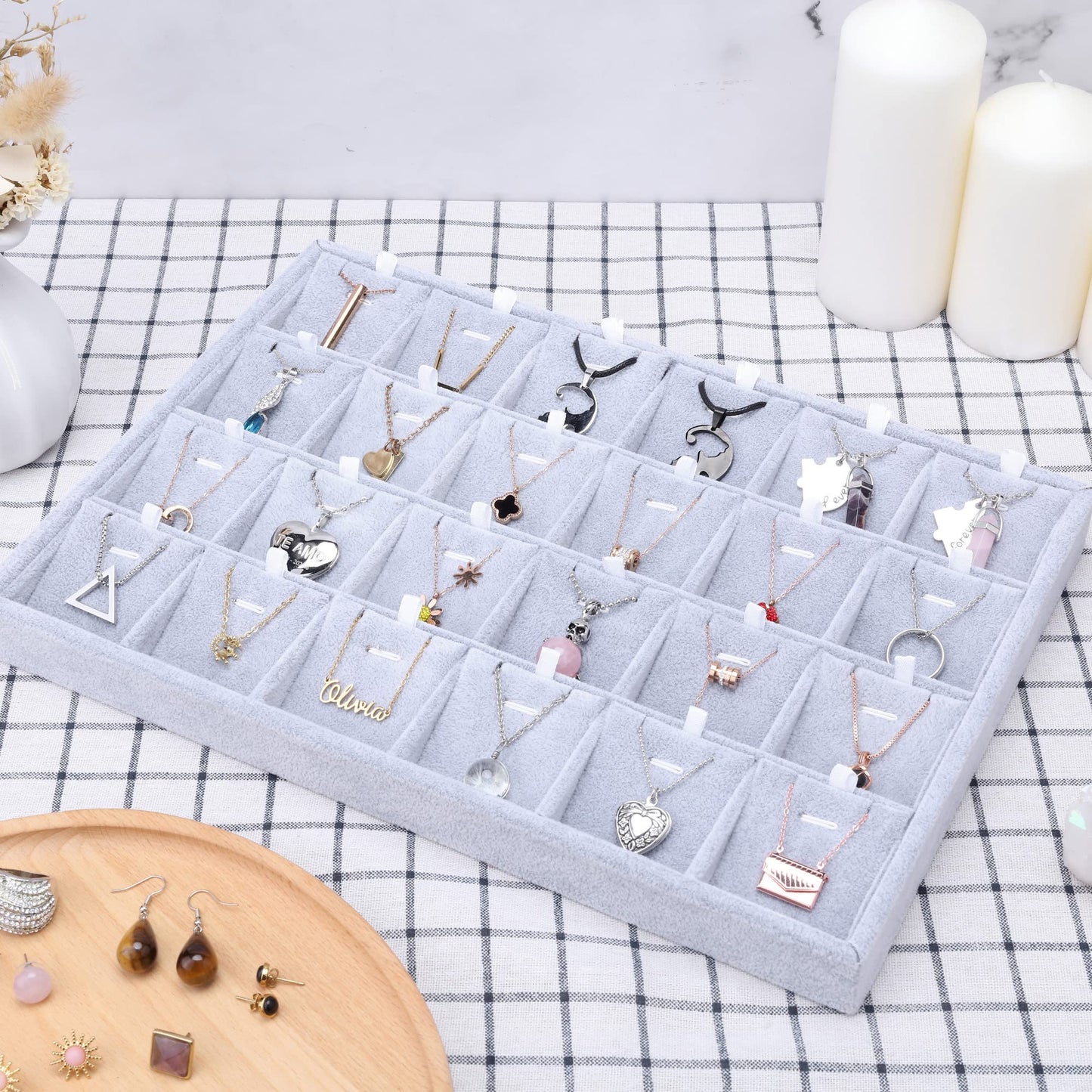 Mornajina 24 Grids Stackable Jewelry Tray Organizer with Removable Dividers, Velvet Jewelry Display Tray for Earrings Necklaces Bracelet Rings Display Showcase - Grey