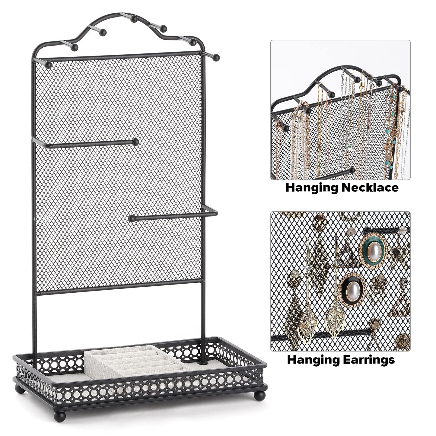 Meangood Black Jewelry Organizer Stand, Earring Holder Rack for Hanging Earrings Necklace Bracelets Watches Jewelry Display Large Rings Storage as Women Gift