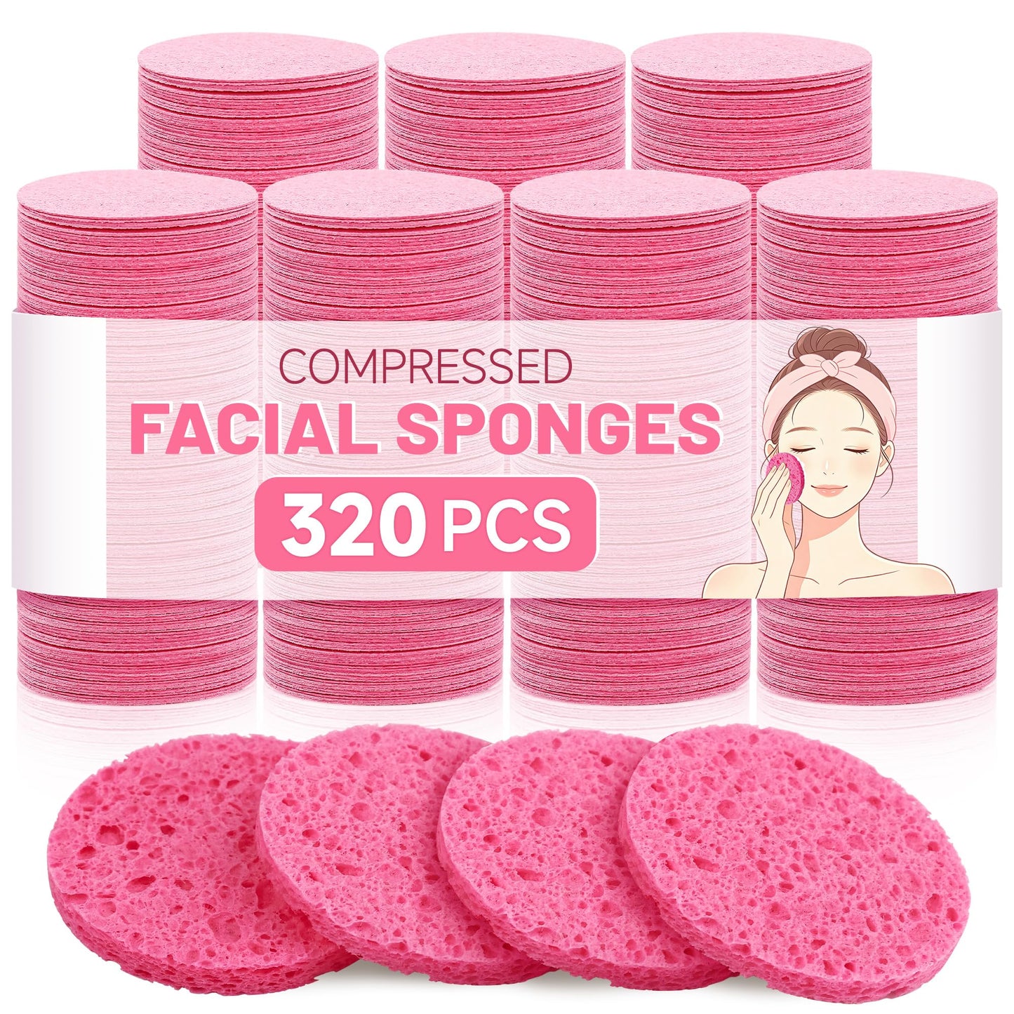 320-Count Compressed Facial Sponges|Kickleen 100% Natural Cellulose Cosmetic Spa Sponges for Daily Facial Cleansing|Makeup And Mask Removal|Exfoliating|Skin Massage|Pore Exfoliation (Pink)