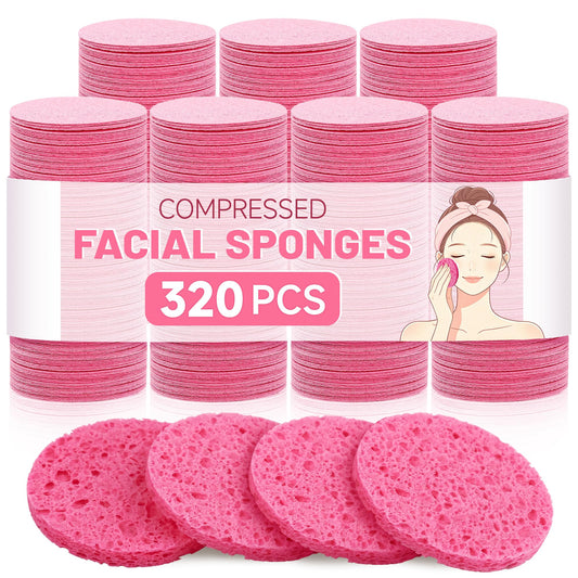 320-Count Compressed Facial Sponges|Kickleen 100% Natural Cellulose Cosmetic Spa Sponges for Daily Facial Cleansing|Makeup And Mask Removal|Exfoliating|Skin Massage|Pore Exfoliation (Pink)