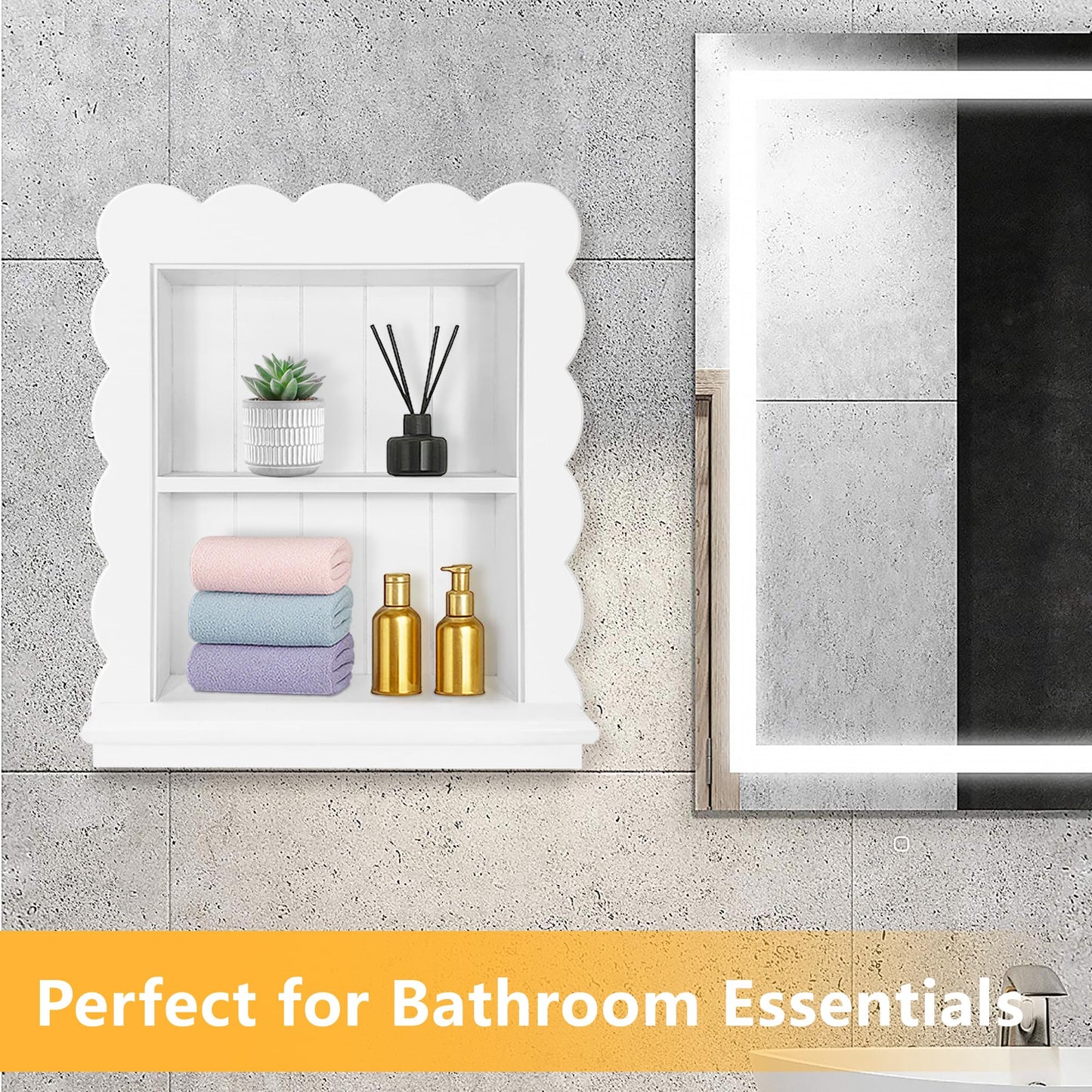 Royxen 14"x18" Recessed Medicine Cabinet, 2-Tier Wooden Bathroom Wall Cabinets Without Mirror,Scalloped Large Medicine Cabinet Niche for Bathroom Storage Organizer,White