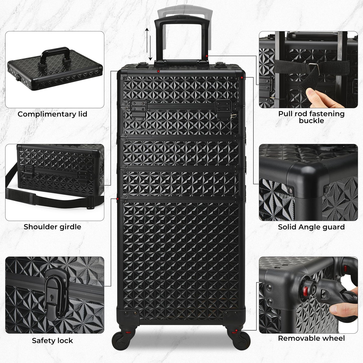 GALHUBIS Rolling Makeup Case, Makeup Train Case with Lid, 5 in 1 Cosmetology Case on Wheels, Christmas Gift, Large Makeup Case Organizers, Profesional Cosmetic Case for Salon Barber,Black