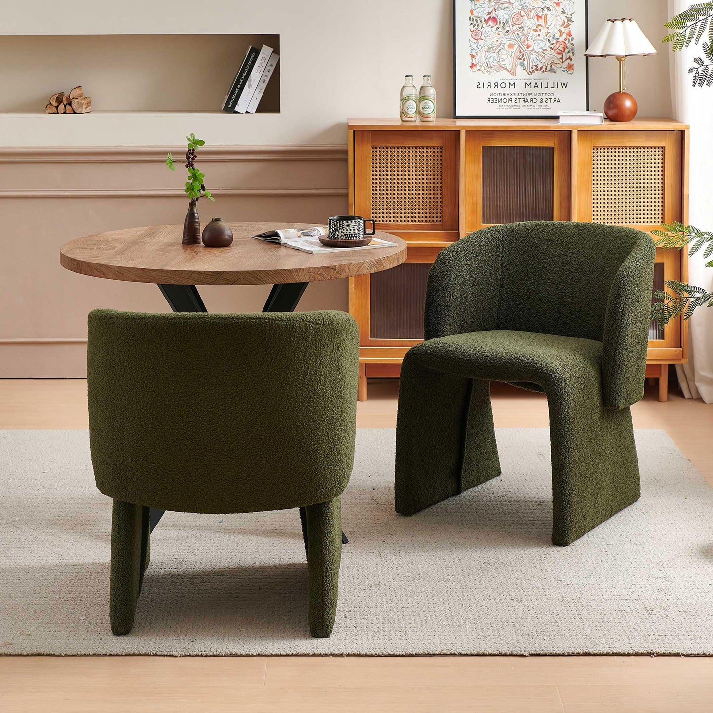 Homedot Green Dining Arm Chairs Set of 4, Upholstered Mid Century Modern Home Kitchen Chairs with Curved Backrest & Armrest, Teddy Velvet Accent Chairs for Dining Room, Bedroom, Dressing Room