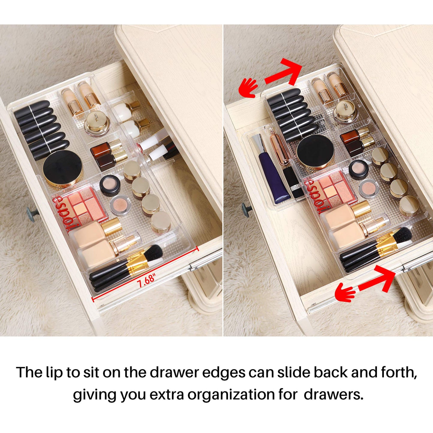 Oubonun Expandable Drawer Organizer 11.1” to 19.2” Width, Shallow Cosmetic Organizer 1.3” Height, 2 Packs, Clear Plastic Storage Trays for Dressing Table,Bathroom