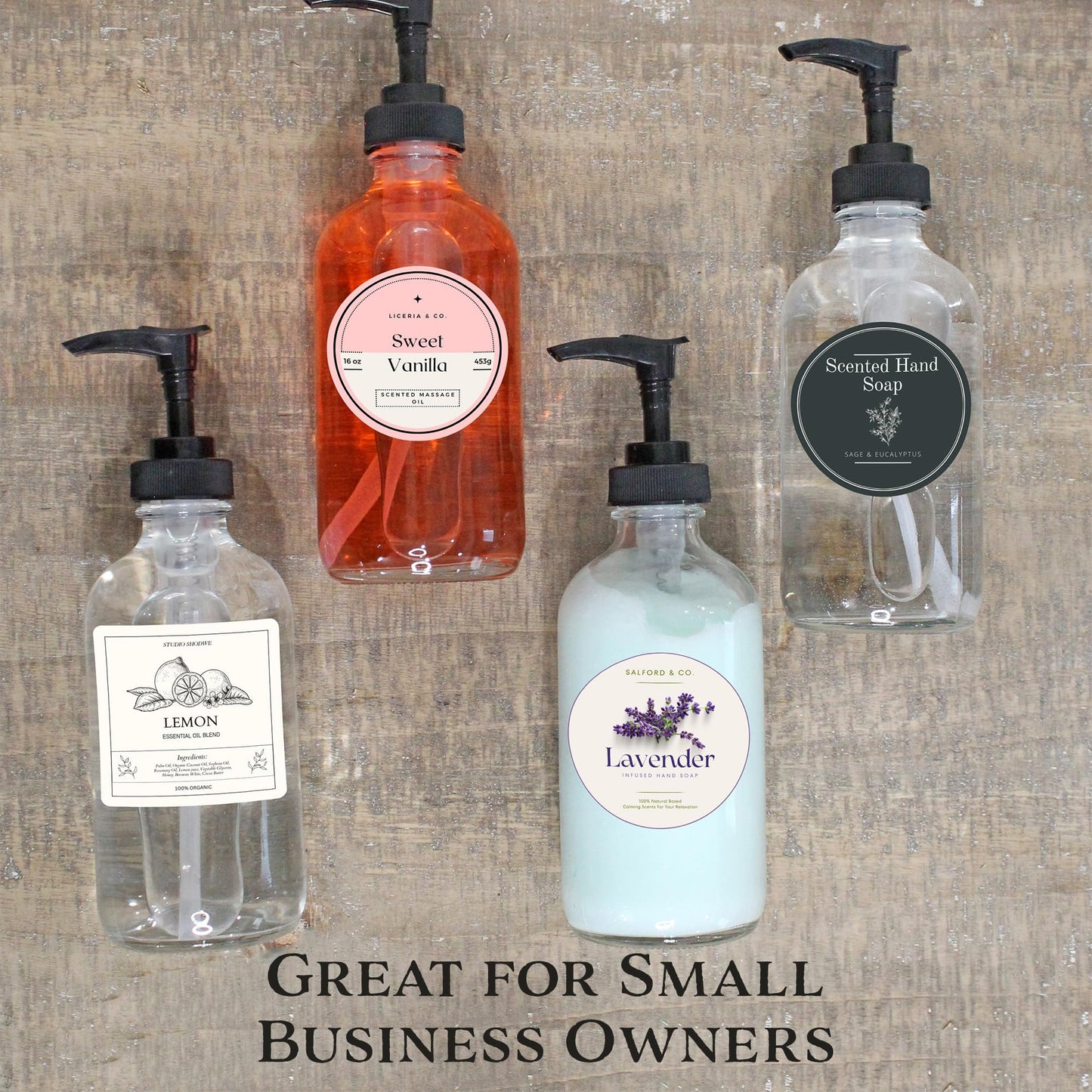 Cornucopia Brands 8oz Clear Glass Pump Bottles (4-Pack w/Black Plastic Pumps), Great as Essential Oil Bottles, Lotion Bottles, Soap Dispensers, and More