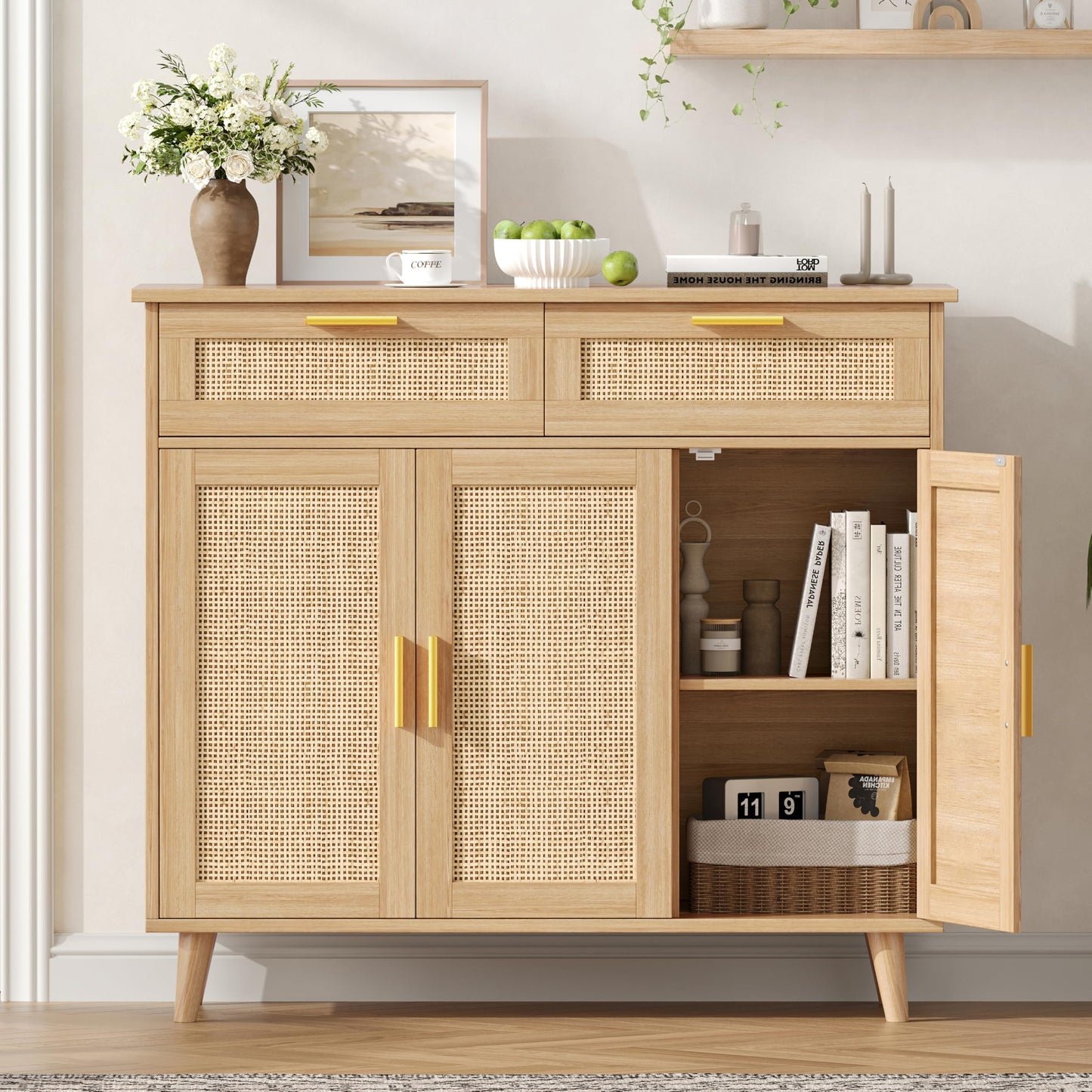 Akxomel Rattan Sideboard Buffet Cabinet with Storage, 35.4" W Buffet Cabinet with 2 Drawers and 3 Doors, Sideboard Storage Cabinet with Adjustable Shelves for Kitchen, Living Room, Natural Oak