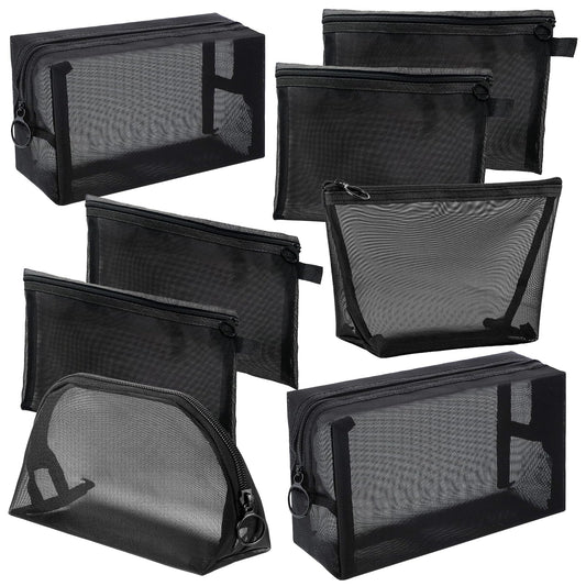 8 Pieces Mesh Makeup Bag Set,Cosmetic Bags Make up pouch,Portable Clear Travel Toiletry Makeup Kit Bag Organizer Mesh Zipper Pouch Purse Beauty Storage Bags for Home Office Travel Accessories(Black)
