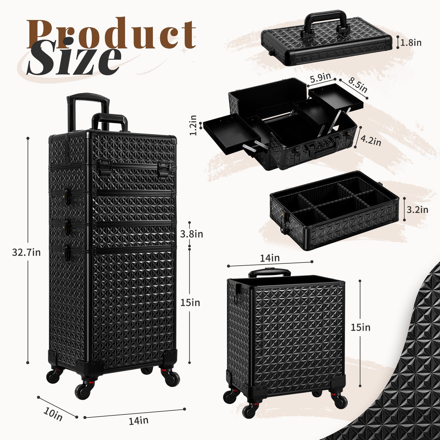 AROUS 5 in 1 Rolling Makeup Train Case Cosmetology Case on Wheels Large Cosmetic Organizer Travel Cart for Hairstylist Artist Nail Beauty Salon Barber, Black