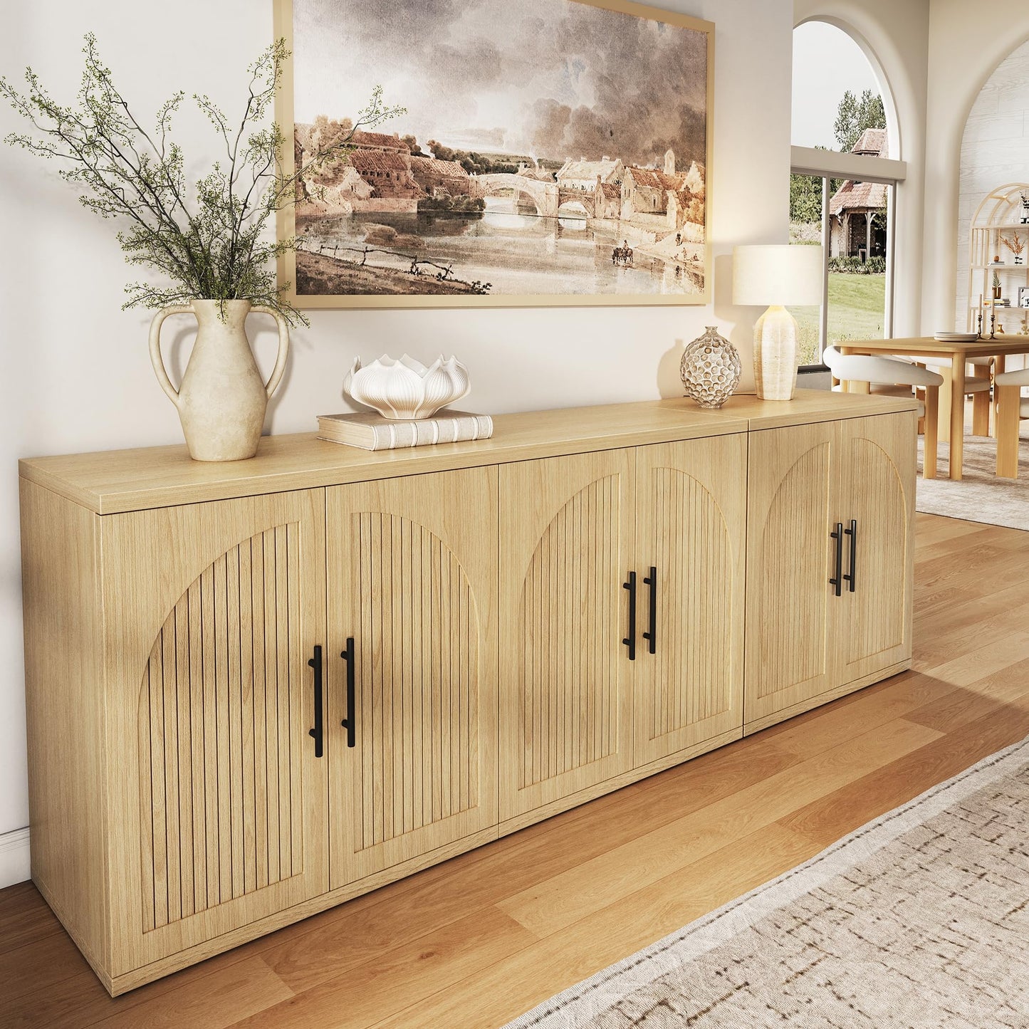 MapleGrace 63" Fluted Buffet Cabinet with Storage, Modern Symmetrical Arched Sideboard Credenza with Adjustable Shelf, Elegant Wood Console Table for Dining Room, Kitchen, Living Room(Oak)