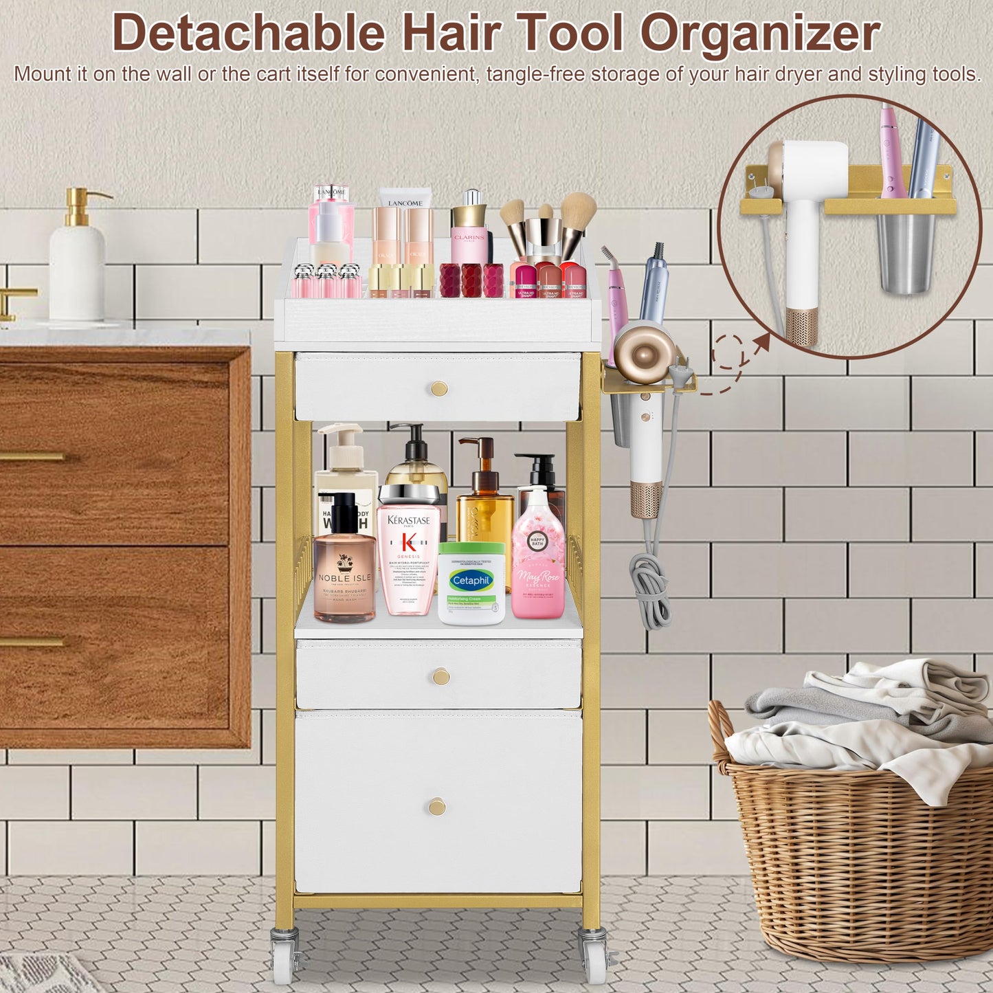 NauwaBarn Makeup Organizer Cart with 3 Drawers, Rolling Vanity Organizer with Adjustable Dividers, Detachable Hair Tool Holder, Lockable Wheels for Small Spaces, Gold & White