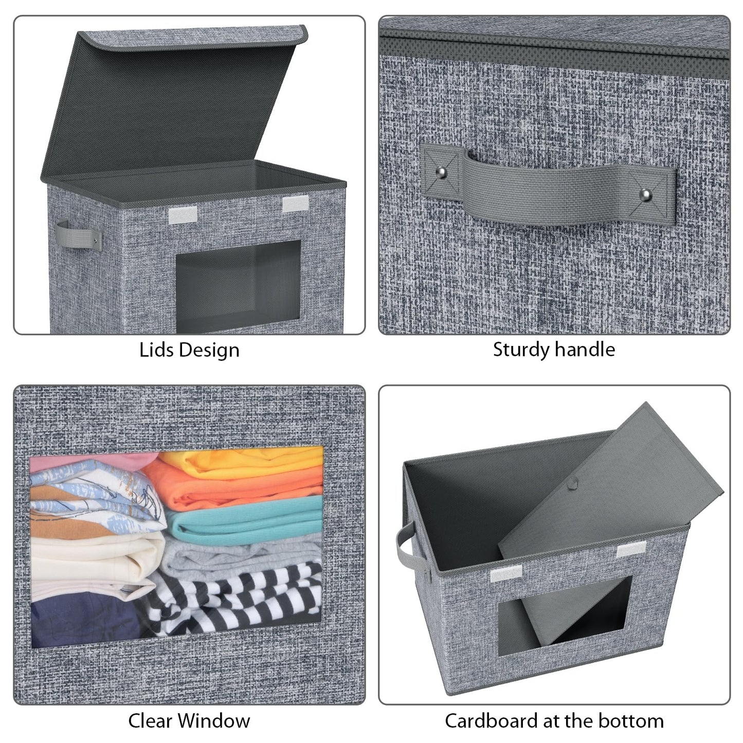 Univivi Fabric Foldable Storage Boxes [4-Pack] Large Collapsible Stackable Storage Bins with Lids, Closet Organizers and Storage Cube Basket for Home, Office, Bedroom (Grey, 17'' x 12'' x 12")