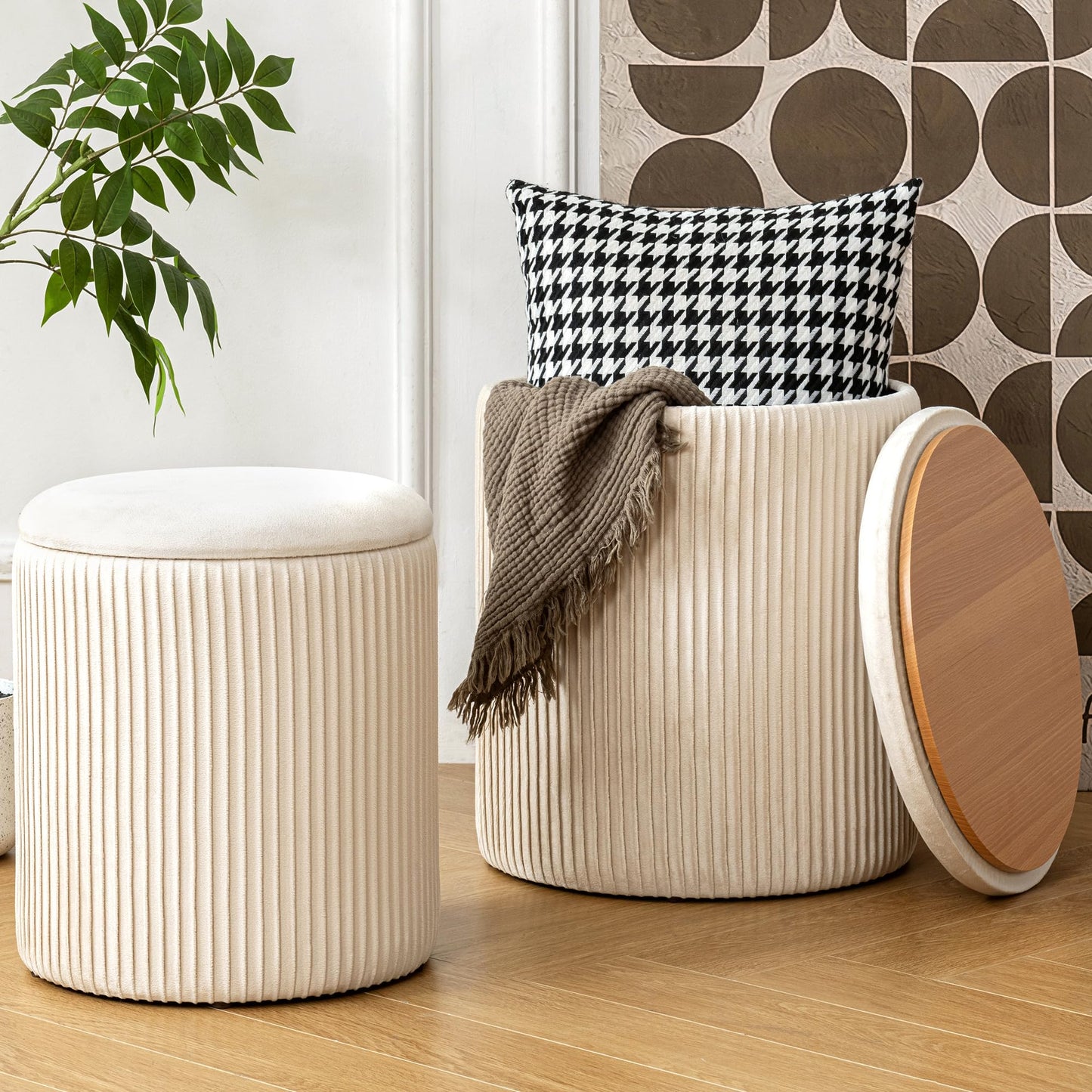 NicBex Round Ottoman with Storage Set of 2, Velvet Foot Stools, Multifunctional Upholstered Vanity Stool, Padded Storage Ottoman for Living Room & Bedroom, Beige