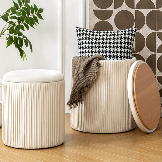 NicBex Round Ottoman with Storage Set of 2, Velvet Foot Stools, Multifunctional Upholstered Vanity Stool, Padded Storage Ottoman for Living Room & Bedroom, Beige