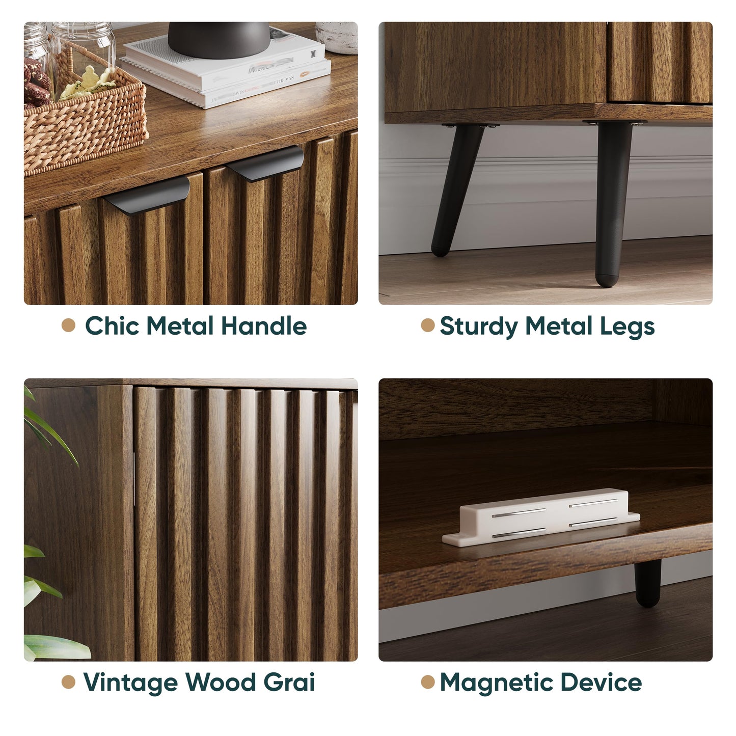 Semiocthome Walnut Buffet Cabinet with Storage, Sideboard Cabinet with Fluted Doors and Metal Legs, Storage Cabinet with Adjustable Shelf, Accent Table for Living Room, Dining Room, Kitchen, Entryway