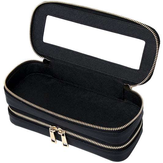 LOFOWN Double Layer Makeup Bag Makeup Brush Case Waterproof Travel Cosmetic & Toiletry Bag Purse Organizer and Car Essentials for Women (Black, 2-Layer SLIM)