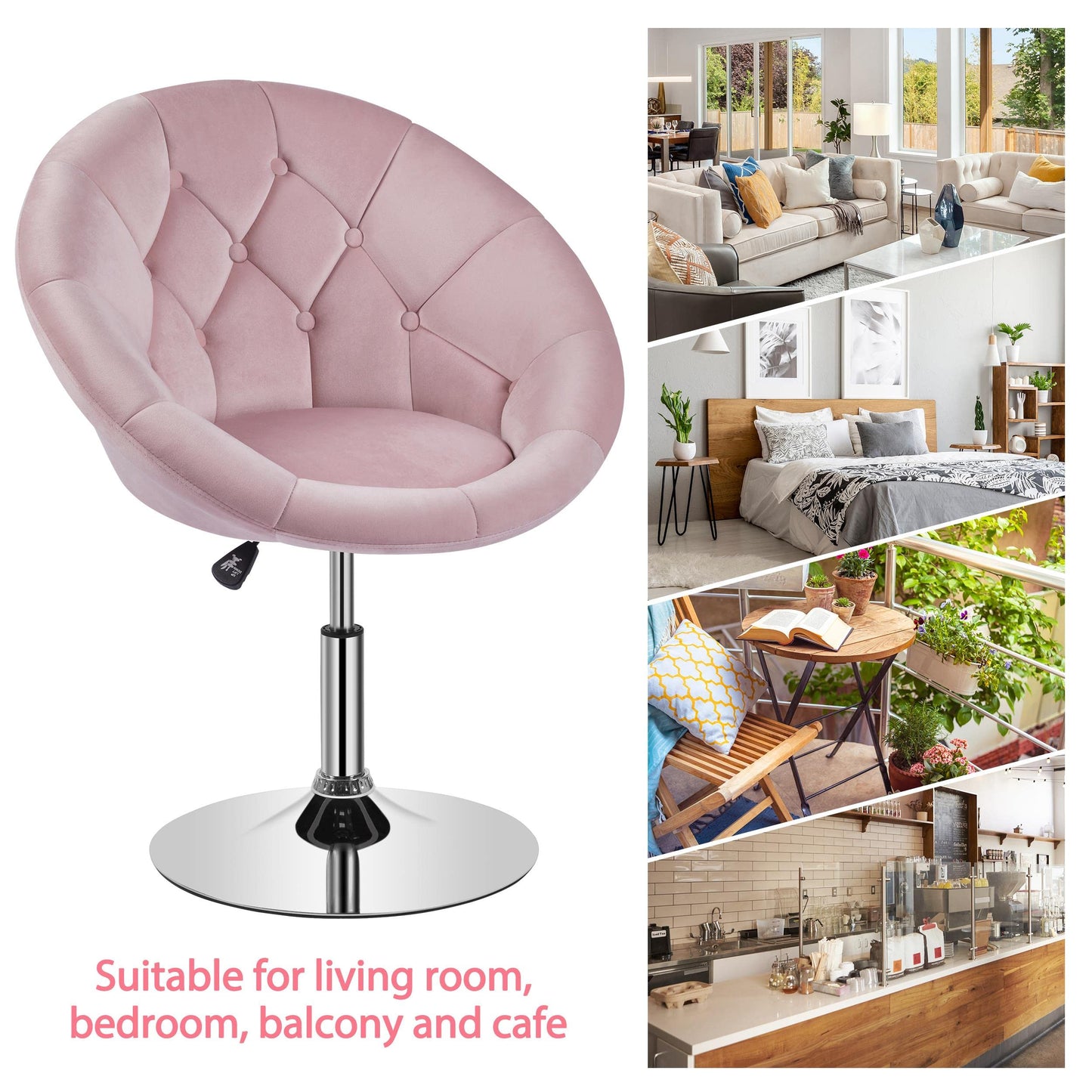 Yaheetech Pink Velvet Vanity Chair with Back, 360° Swivel & Adjustable Height, Tufted Makeup Desk Chair for Bedroom, Dressing Table & Living Room