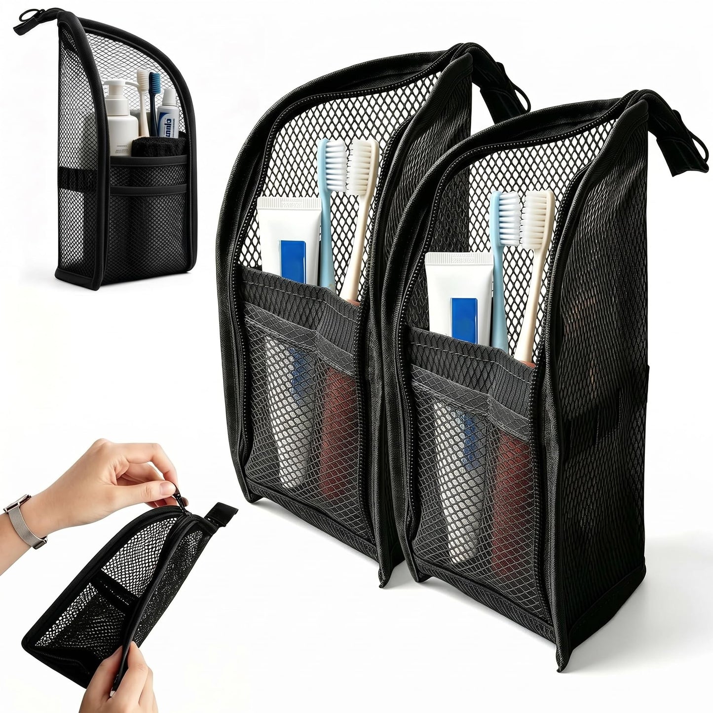 Standing Toiletry Bag,Portable Foldable Hanging Travel Organizer with Zipper and Loop,Mesh Large Capacity Cosmetic Waterproof Bag for Bathroom,Suitcase Packing,Toiletries,Makeup,Skincare (2PC-Black)