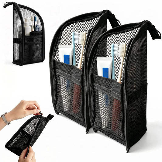 Standing Toiletry Bag,Portable Foldable Hanging Travel Organizer with Zipper and Loop,Mesh Large Capacity Cosmetic Waterproof Bag for Bathroom,Suitcase Packing,Toiletries,Makeup,Skincare (2PC-Black)