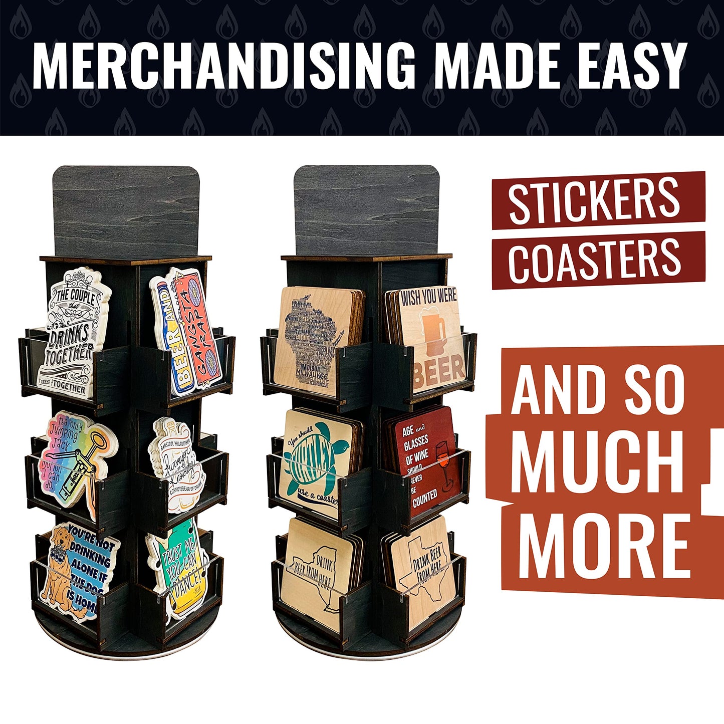 Rotating Display Stand, 3 Tier Wooden Organizer, 4-Sided Display Rack, 360 degree Spinning Multi-Pocket Tabletop Display Stand for Coasters, Stickers, Retail, Showcase, Tradeshow, 17”H, Ebony Color