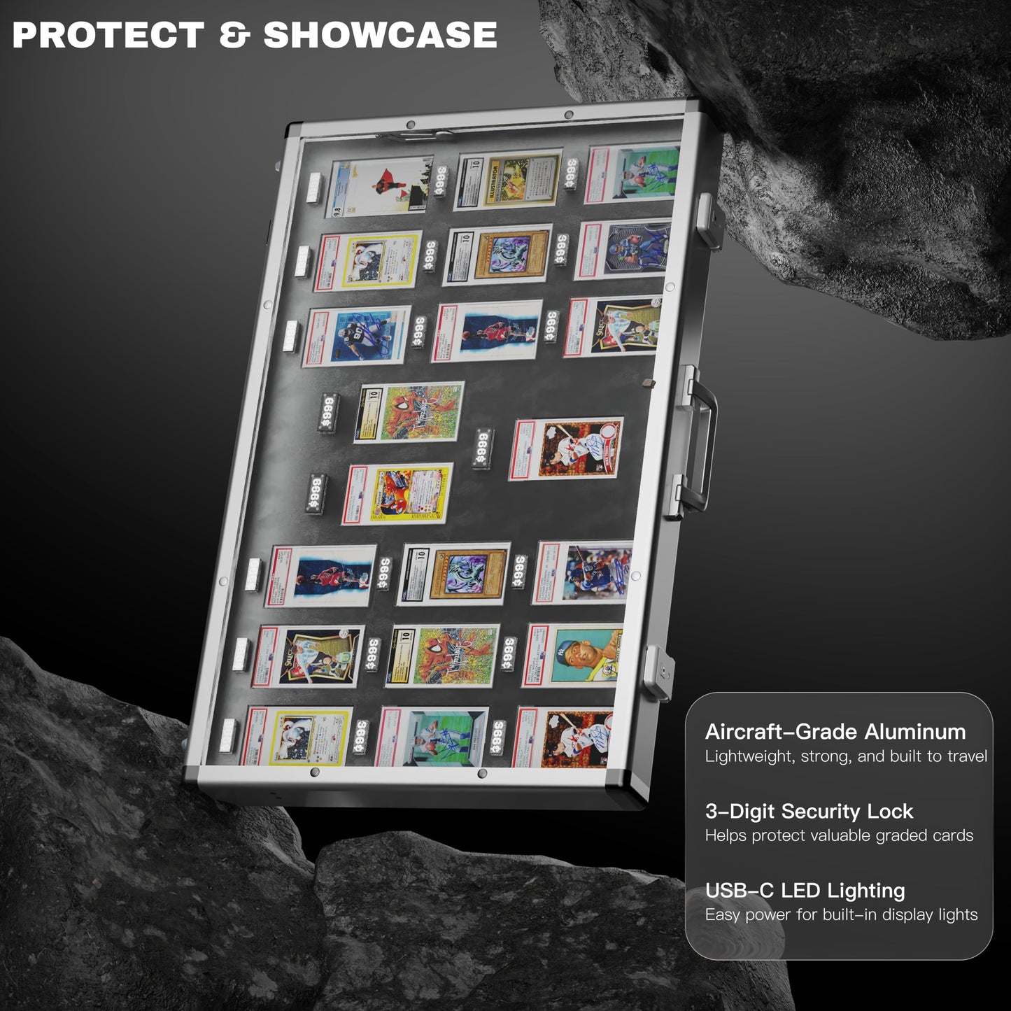 Aluminum Graded Card Show Display Case, LED Lights and Lockable for Graded Cards, Premium Trading Card Case for PSA Graded Pokemon Cards, Sports Card, CGC