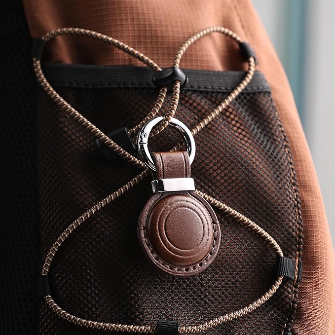 Genuine Leather AirTag Keychain Holder - Compatible with Apple AirTag Holder Keychain, Secure Hidden Air Tag Case Cover Key Chain Ring Fob Accessories (Dark Brown)