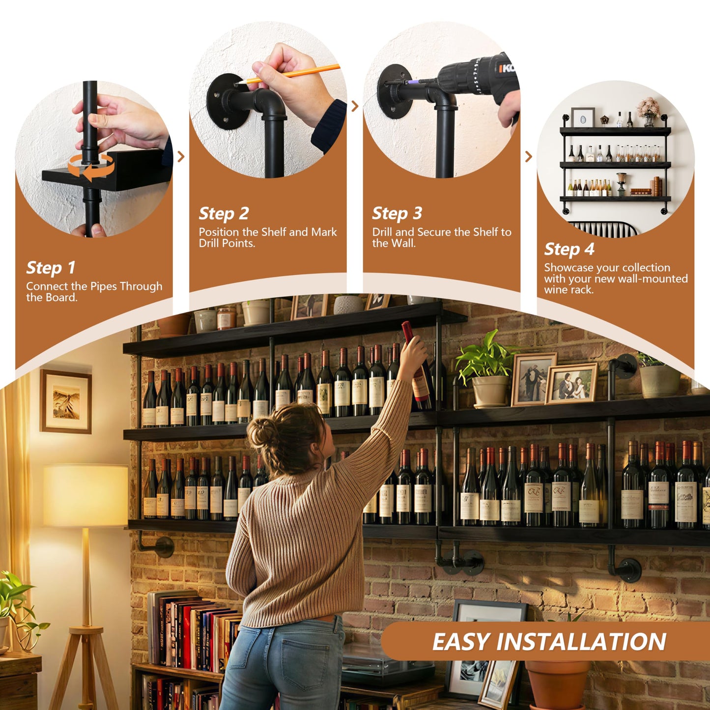 Anynice Industrial Wine Rack Wall Mounted, Solid Wood Shelf with Metal Pipe Brackets, 3-Tier Rustic Hanging Organizer for Wine Bottle Storage in Kitchen, Bar, Pub, Cellar(Black, 48 Inch)
