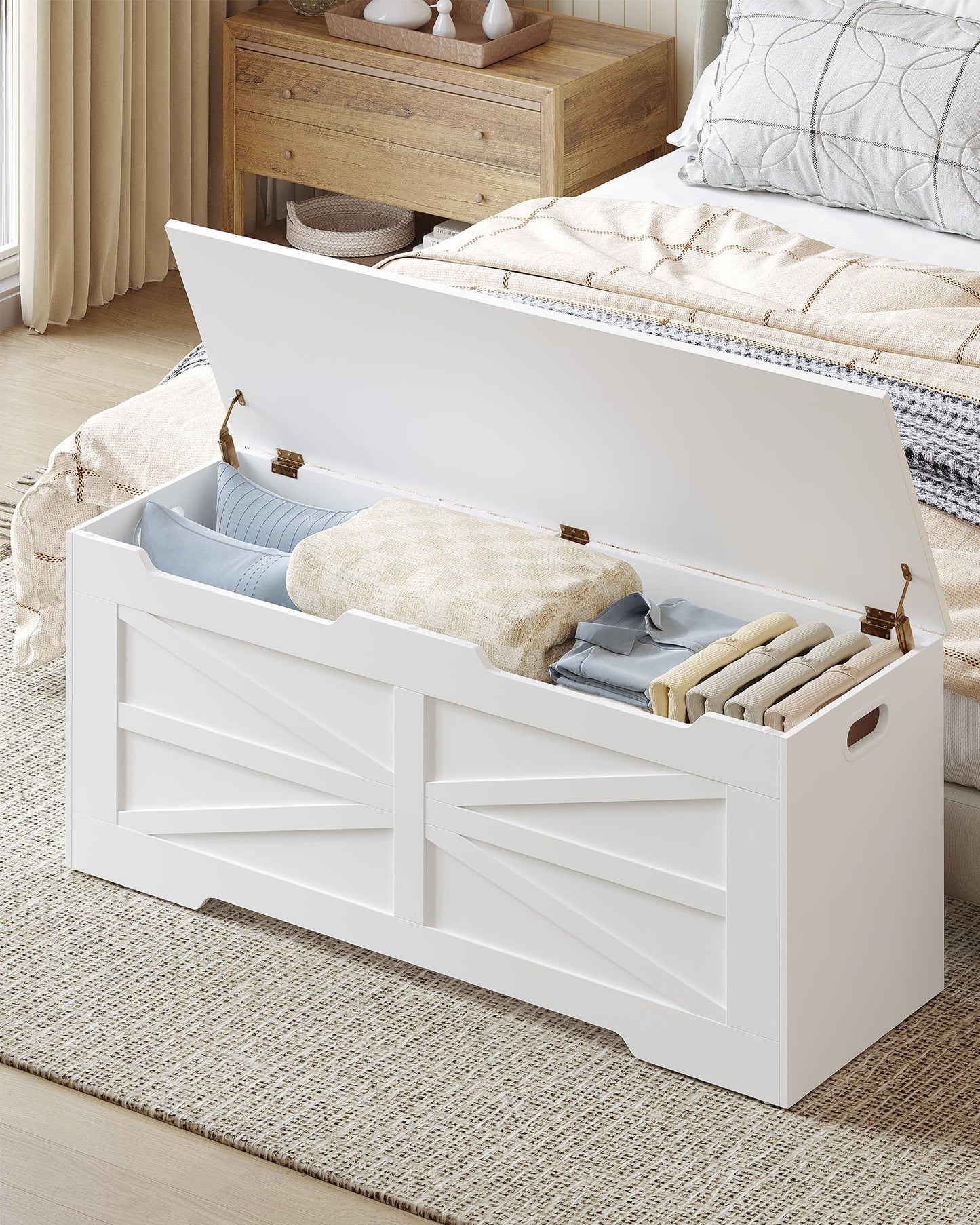 Hzuaneri 47.2" Storage Chest, Extra Large Storage Trunk with 2 Hinges, Wooden Box Bench, Lift-Top Organizer Chest, Shoe Bench for Entryway, Bedroom, Living Room, White SB13403X