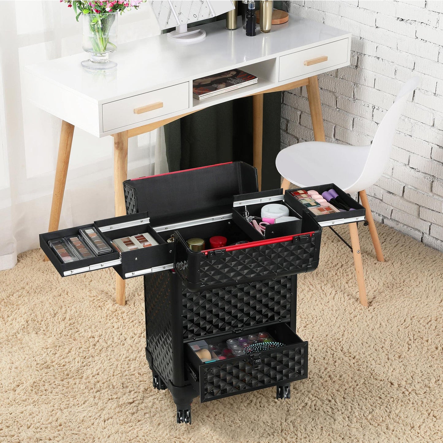 Yaheetech Rolling Makeup Train Case Aluminum Cosmetic Case with Wheels Barber Case Salon Lockable Travel Trolley with Sliding Drawers Removable Divider, Black/Red