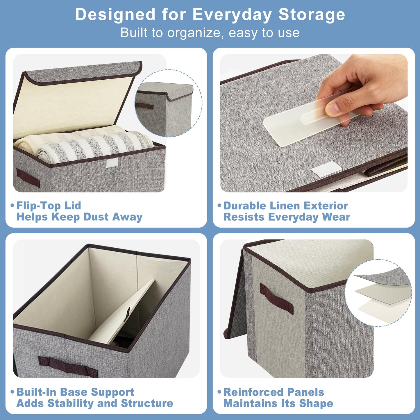 Bagnizer Large 17" 42 Quarts Collapsible Stackable Storage Bins with Lids [3-Pack] Foldable Fabric Linen Storage Boxes Cube, Closet Organizer Baskets with Label for Home (16.7 x 12 x 12, Gray)