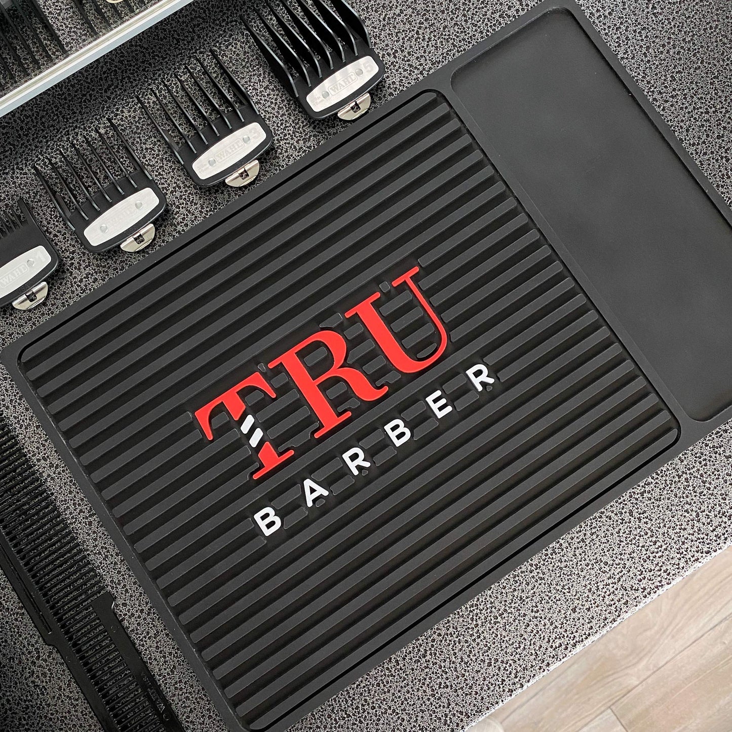 TRU BARBER ORGANIZER MAT 14”X 9" (BLACK/RED) Flexible PVC Station Mat, Professional Mat, Salon and Barbershop work Station pads, Beauty salon tools hairstylist, Counter mat for clippers, Anti slip