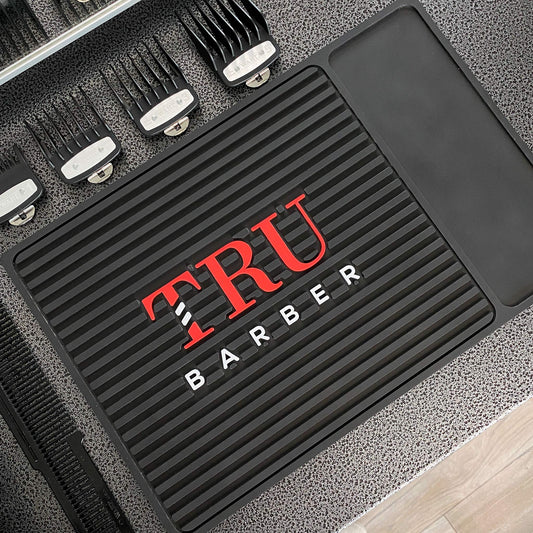 TRU BARBER ORGANIZER MAT 14”X 9" (BLACK/RED) Flexible PVC Station Mat, Professional Mat, Salon and Barbershop work Station pads, Beauty salon tools hairstylist, Counter mat for clippers, Anti slip