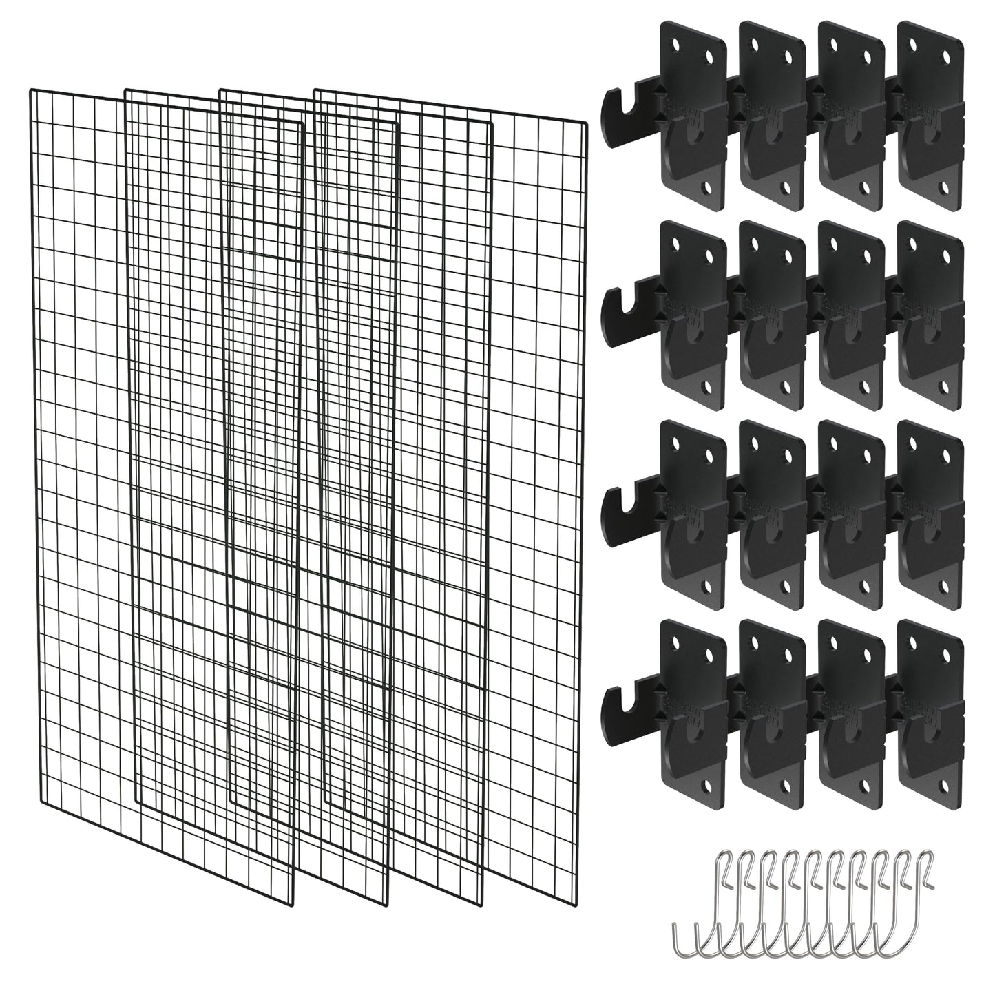 NACETURE Grid Wall Panels- 4 Pcs 2x4 ft Black Grid Wall Panel Display with 16 Gridwall Hooks & 10 S-Hooks, Space Saving Wire Mesh Panels for Retail, Garage, Home & Office Storage