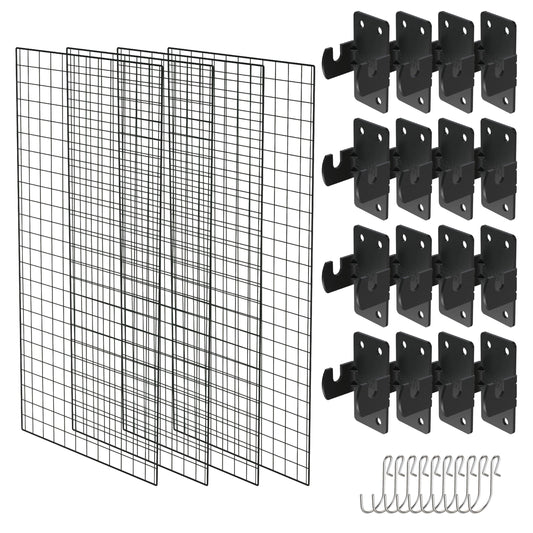 NACETURE Grid Wall Panels- 4 Pcs 2x4 ft Black Grid Wall Panel Display with 16 Gridwall Hooks & 10 S-Hooks, Space Saving Wire Mesh Panels for Retail, Garage, Home & Office Storage
