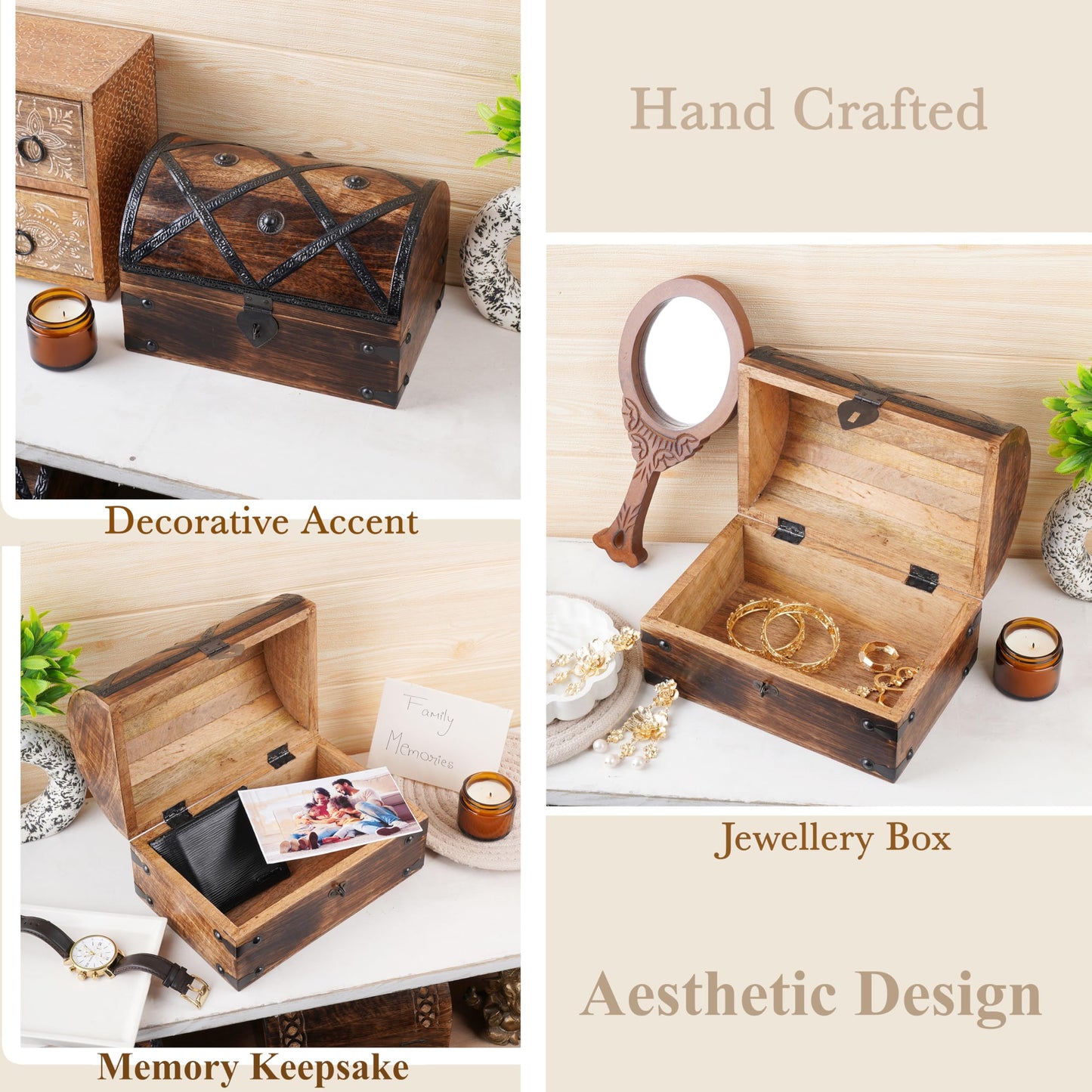 Ajuny Wooden Treasure Chest Keepsake Box, Handmade Pirate Treasure Chest Storage Box, Decorative Wooden Box for Jewelry, Collectibles, Keepsakes & Home Decor, 9 x 6 x 6 Inch