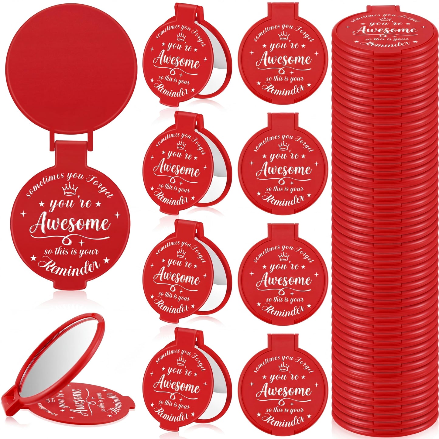 Gulfmew 36 Pcs 2.76 Inch Inspirational Compact Mirror Bulk Women Small Gifts Graduation Mothers Day Party Favors Purse Mirror Pocket Mini Items for Adult Coworker Cheerleader Swag Bag (Red)
