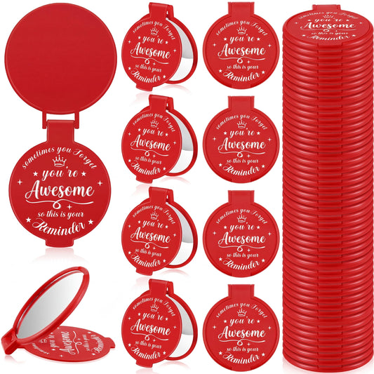 Gulfmew 36 Pcs 2.76 Inch Inspirational Compact Mirror Bulk Women Small Gifts Graduation Mothers Day Party Favors Purse Mirror Pocket Mini Items for Adult Coworker Cheerleader Swag Bag (Red)