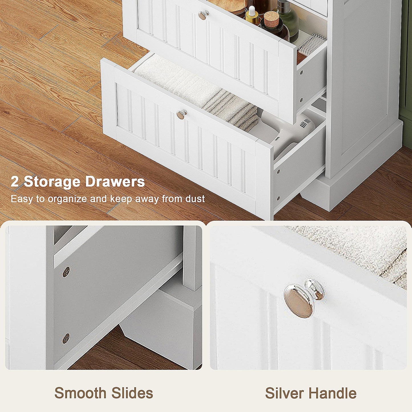 Treocho Bathroom Floor Cabinet, Bathroom Storage Cabinet with Drawers and Adjustable Shelf, Freestanding Cupboard Pantry for Kitchen, Living Room, Dining Room, White