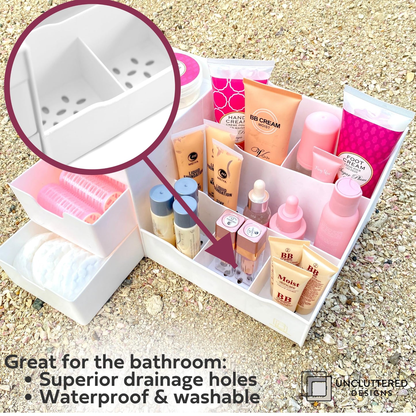 Uncluttered Designs Large Makeup Organizer for Vanity - Countertop Desk With Drawers for Cosmetic, Beauty, Hair, Nail, Perfume & Skincare - Perfect for Bathroom & Bedroom Storage (White)