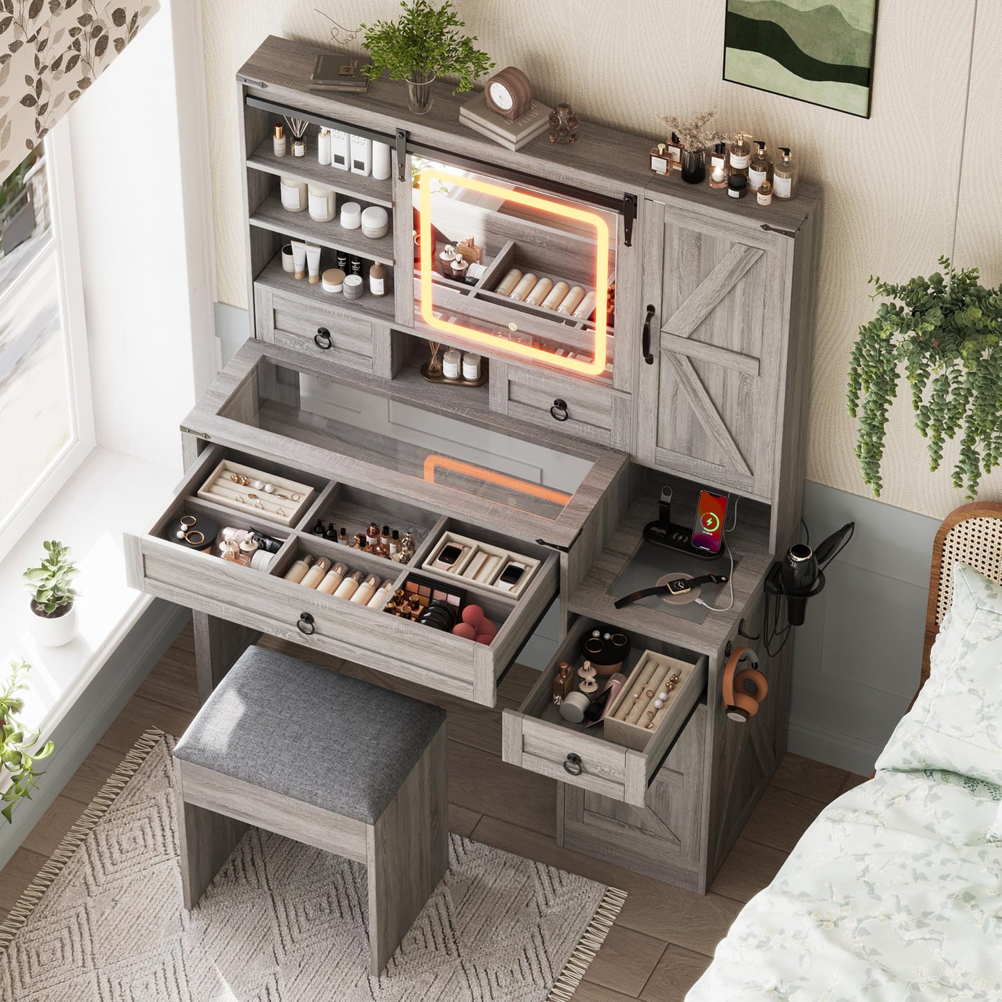 Ball & Cast Vanity Desk with Sliding Mirror and 3 Lighting Modes,Farmhouse Makeup Vanity W/Glass Top & Charging Station,4 Drawers & 2 Cabinets,Dressing Table W/Stool for Bedroom,Gray